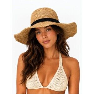 J.Crew Straw Sun Hat Natural Tan Black Band S-M Wide Brim Beach Summer Classic